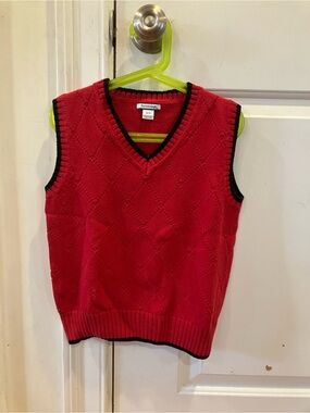 Buttoned Down Red Knit V-Neck Sweater Vest with Black Trim